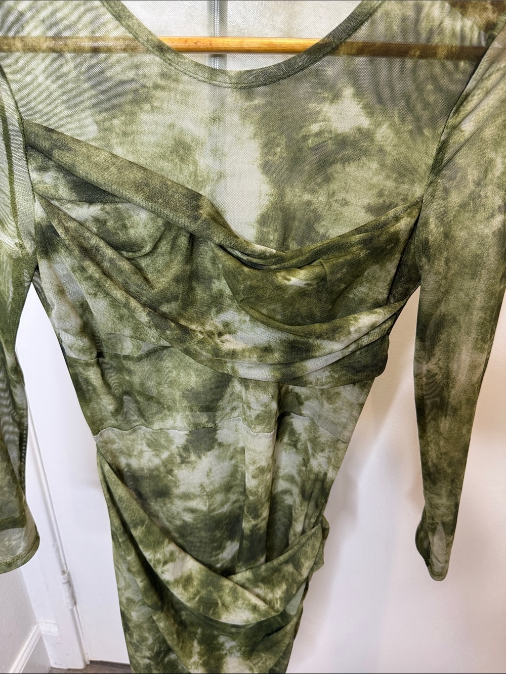 SHEIN Sheer Olive Green Tie-Dye Ruched Long Sleeve Dress Resort Wear - Picture 3 of 5